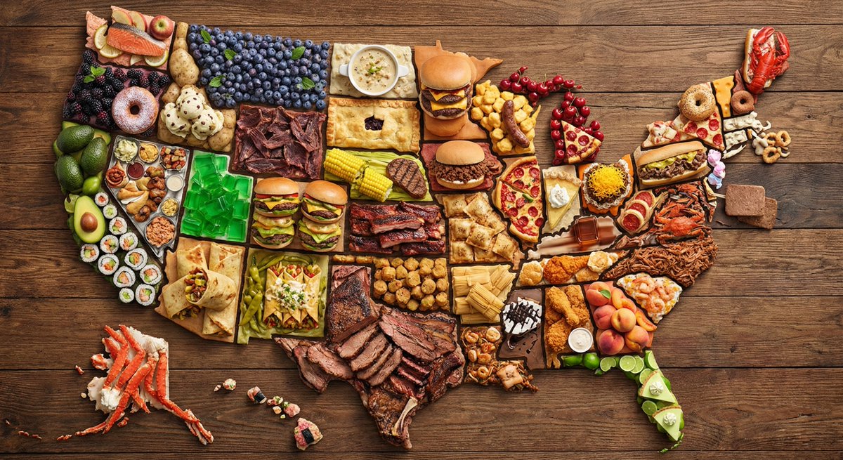 用著名美食拼成的美国地图 示例图
